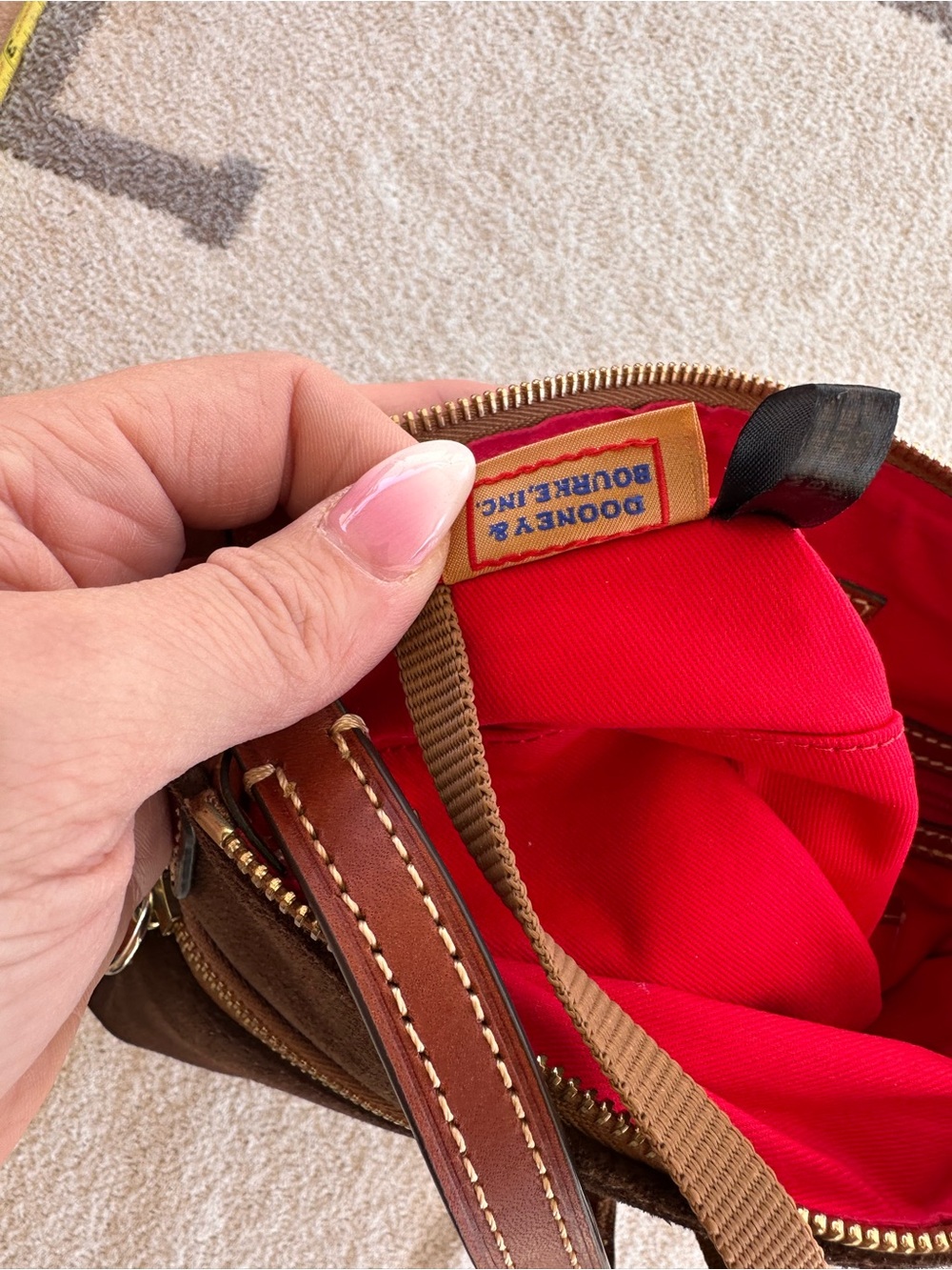 Dooney & Bourke Dark Brown Suede Crossbody Bag with Tan Trim - Picture 11 of 15